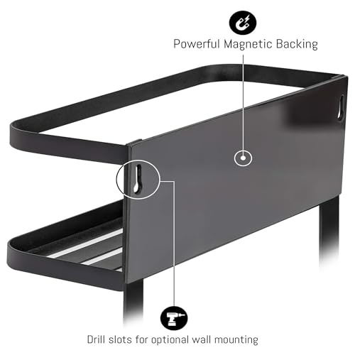 Image of Kuber Industries 2 Tier Iron Fridge Side Rack with 3 Towel /Tissue Holder & Hooks Hanger Magnetic Kitchen Organizer Shelf for Refrigerator | Black