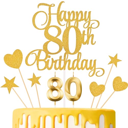 Lecferrarc 80th Birthday Cake Decorations 80th Birthday Candles Cake Numeral Candles and Glitter Happy 80th Birthday Cake Toppers Set for Birthday Party Supplies (Gold)