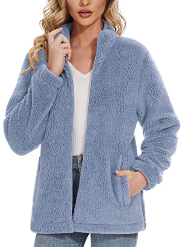 Magcomsen Sherpa Jacket Women With Zipper Oversize Solid Color Fuzzy Fleece Jackets For Women Fluffy Fur Outwear Light Grey L #TOP27