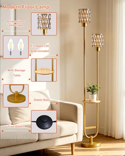 Image of Amber Glass Floor Lamp with Table Shelf, Modern Gold Standing Lamp, Tall Farmhouse Floor Lamp with Foot Switch & 3000K Warm White Bulb Included for Living Room Bedroom Home Office