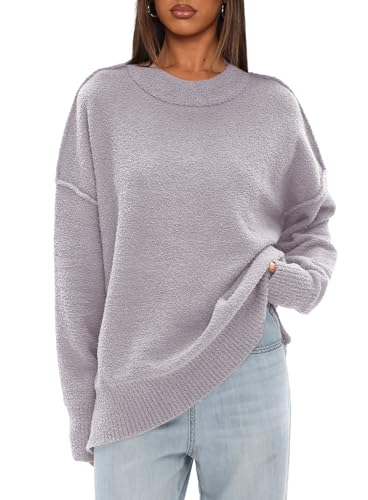 Image of Darong Women Oversized Fuzzy Knit Sweater Long Sleeve Crew Neck Side Slit Pullover Sweaters Fall Winter Tops