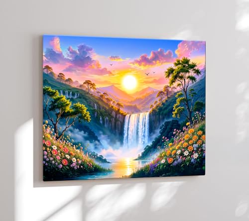 Image of ArtX Canvas Rising Sun Painting For Vastu, Big Size Wall Art Scenery, Water Stream, Waterfall Painting Vastu, Multicolor, Nature, 58.0 X 45.0 cm, Set of 1
