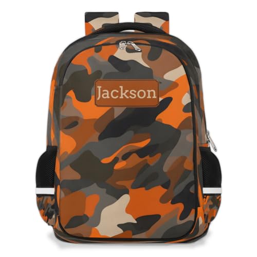 Personalized Kids Backpack Orange Camo for Boys Girls, Military Camouflage Custom Backpack Travel School Bag Bookbag Lightweight Daypack