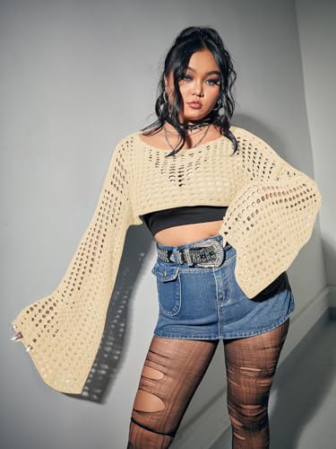Image of Floerns Women's Plus Size Boat Neck Long Sleeve Hollow Out Crochet Cropped Sweater