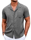 COOFANDY Men's Short Sleeve Shirt Casual Linen Beach Shirts Guayabera Vacation Shirts Summer Trendy 2024 Grey Black