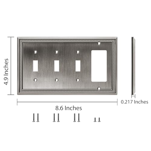 Image of Henne Bery Sunken Pearls Heavy Duty Decorative Wall Plate Switch Plate Outlet Cover (Triple Toggle /Single Decorator, Heirloom Silver)
