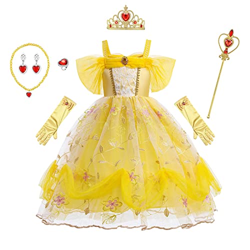 IBAKOM Déguisement Princesse Belle Enfants Filles Costume Halloween Carnaval Noël Cosplay Fête Anniversaire Hors Épaule Brodé Princesse Tutu Robe Accessoire Tenues Jaune - avec Accessoires 5-6 Ans