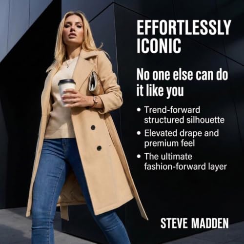 Image of Steve Madden Trench Coat for Women - Double-Breasted Long Winter Faux Wool Coat