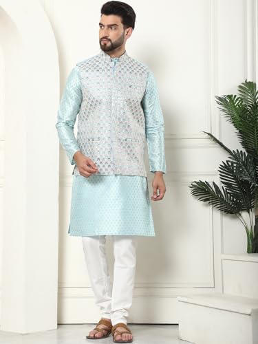 Image of SOJANYA (Since 1958 Men's Silk Blend Printed Kurta and Cream Pyjama with Designer Nehru Jacket