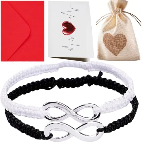 2 Pulseiras para casais cartão de dedicação bolsa de jóias envelope vermelho, presente original para casais, namorada ou namorado, aniversário, casamento, distância, pulseiras amor infinito, branco e