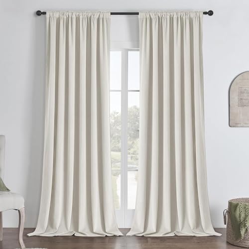 Joydeco Rideau Velours Ivoire avec Galon Fronceur 140x240 CM 2 Pièces pour Rail et Passe Tringle, Rideau Occultant Thermique Anti Froid avec Revêtement 100%...