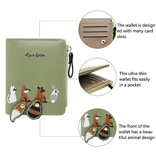 Womens Wallet, Leather Purse Credit Card Holder with with Embroidered Animal Pattern, Portable and Small Wallets for Women with Zipper Pocket (green)3