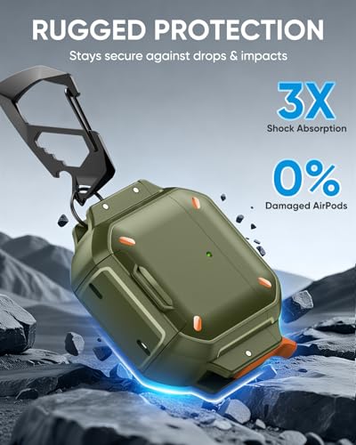 Image of MoKo for AirPods 4 Case Cover with Lock, Waterproof, Army Green | Secure Lock, IP68 Waterproof, Military‑Grade Shockproof, Keychain, Phone Stand, Cleaner Kit