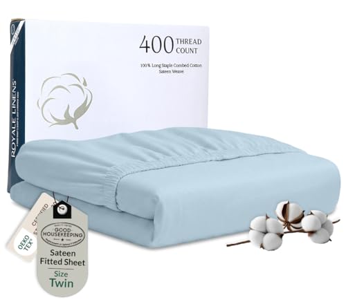 Image of Royale Linens 400 Thread Count 100% Cotton Queen Fitted Sheet Only - Luxury Sateen Weave - All Around Elastic Queen Fitted Sheet Deep Pocket - Durable Bottom Sheets - Fit Up to 16 inch (Caribbean Blue)