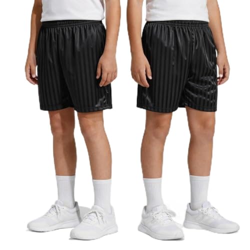 KHIM Pack of 2 Shadow Stripe School PE Sports Football Games Shorts Boys Girls Kids Childern (3-4 Years Black)
