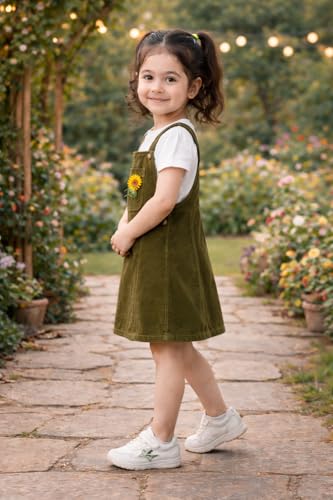Image of superminis Girls Twill Denim Solid Color Dungree /Dress With Embroidered Pocket (1 Dress,1 Tee)