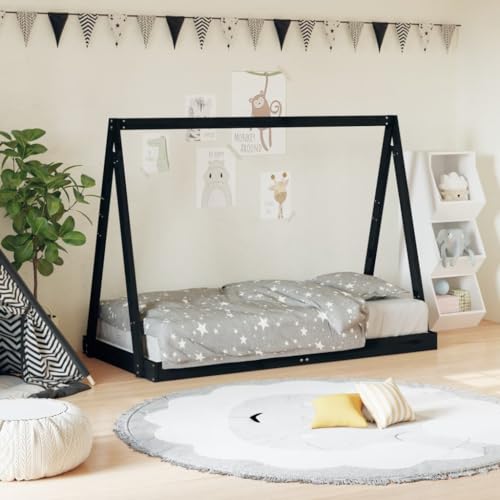 Cama infantil negra de 80 x 160 cm, madera maciza de pino, robusto diseño tipi, marco de cama para niños pequeños para habitación infantil, espacio seguro para dormir con somier, cama individual