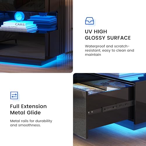Image of HNEBC High‑Gloss LED Nightstand Set of 2 for Bedroom | Motion‑Sensor 3‑Color Lighting, Hidden Storage Compartment, Gun Drawers, USB, Type‑C & Wireless Charging Station-Black Night Stand Set 2