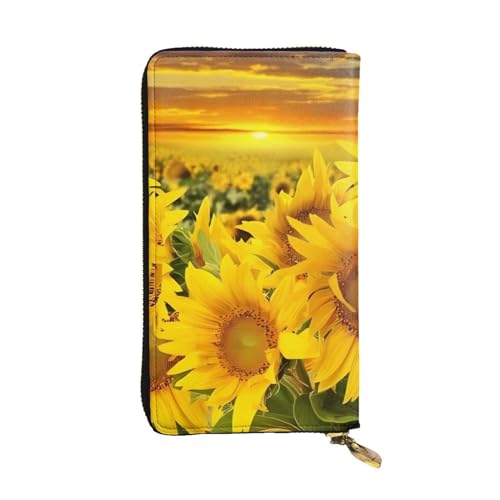 Portefeuille long en cuir supérieur imprimé tournesol, pochette chic étanche noire