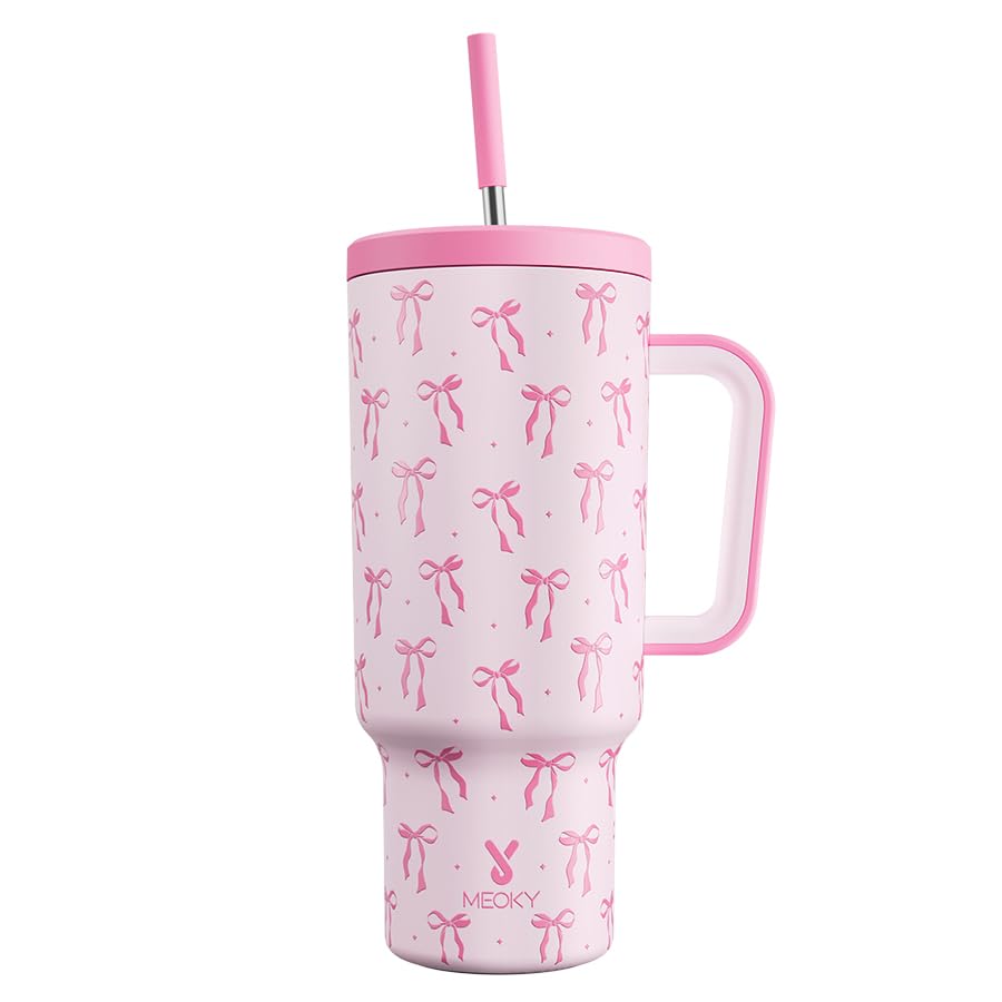 Meoky 1182ml Tumbler with Straw and Lid, 40oz Tumbler with Handle, Insulated Stainless Steel Travel Mug Water Bottle, 100% Leak-Proof, Cold for 34 Hours or Hot for 10 Hours (Bow)