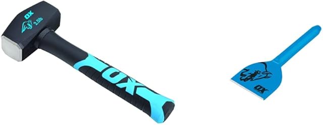 OX Club Hammer - Sledgehammer with Fibreglass Handle - Forged and Induction Hardened Hammerhead - 2.5 lb / 1.1 kg & OX Trade Brick Bolster - 4" / 100mm