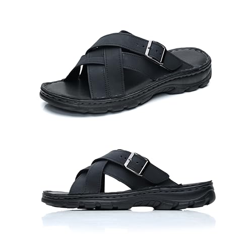 MGGMOKAY Mens Leather Slides Summer Leather Slipper Anti-Slip Comfortable Outdoor Sandals with Adjustable Strap2