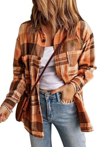 Womens Casual Flannel Plaid Shirts Oversized Lightweight Fall Shirt Coat Long Sleeve Button Down Shirts Blouse Tops