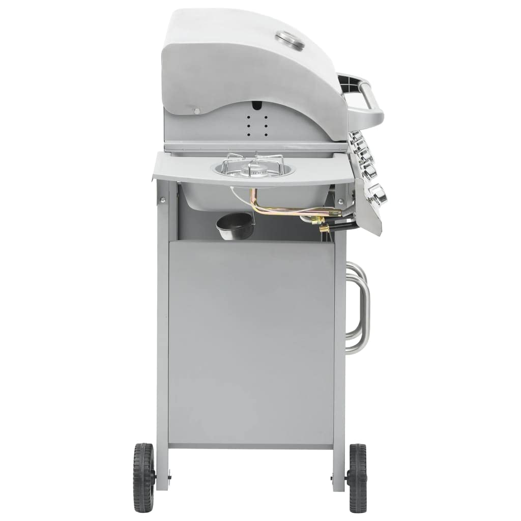 Barbecue a gas 4+1 in acciaio inox con bruciatore laterale e mobiletto inferiore, carrello con coperchio, termometro e vaschetta raccogligrasso per terrazza e giardino