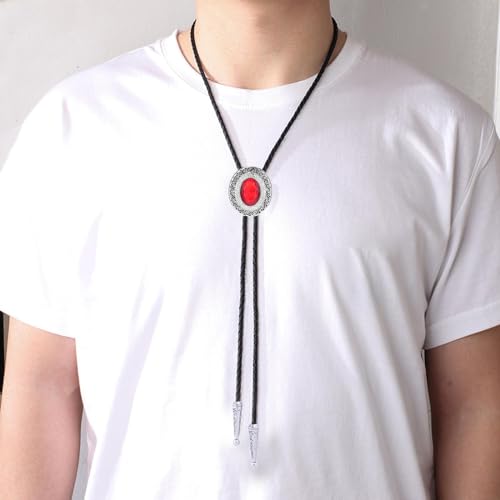 Image of GelConnie Bolo Tie for Men Women Western Cowboy Turquoise Leather Necktie | Natural Stone Bolo Tie Necklace for Women Rodeo Cowboy Leather Necktie Native American Western Cowgirl Ties Adjustable Cord