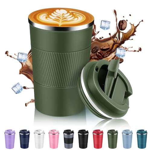 Volhoply 380ml 13oz Stainless Steel Insulated Travel Coffee Mug with Fip Lid,Reusable Double Wall Vacuum Metal Coffee Cup,Portable to Go Leak Proof Cafe Tumbler for Hot & Cold Drinks(Army Green,1)