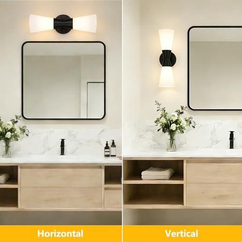 Image of Wall Sconces Set of 2 for Bathroom, Modern Indoor Vanity Light Fixtures 15 inch, Up Down Lighting, Wall Mount Lamp for Living Room Bedroom Hallway Stairway Fireplace Mirror E26 Base 2PC White&Black