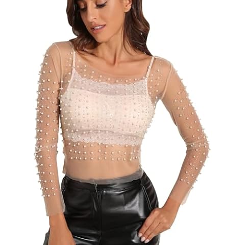 Women's Pearl Rhinestone See Through Long Sleeve Mesh Blouse One Piece Cover Up Halloween Festival Crop Top (Skin Color, 4) Cover