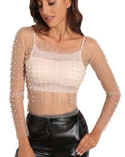 Women's Pearl Rhinestone See Through Long Sleeve Mesh Blouse One Piece Cover Up Halloween Festival Crop Top