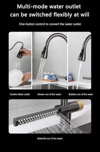 Image of Backline Brass Waterfall Kitchen Sink Hot & Cold Mixer Faucet 360 Rotatable Pull Out Kitchen Faucet Multi-Function Dual Spray Head Technology /Kitchen Sink Tap (Brushed Nickel)