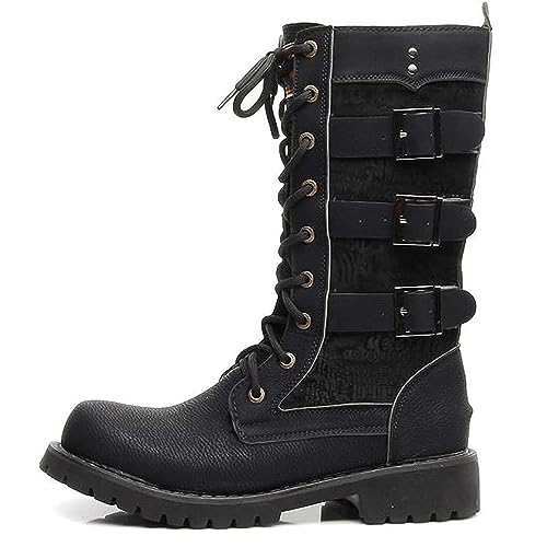 Men Motorcycle High Top Long Boots Microfiber Leather with Side Buckle Lace Up Keep Warm Military Tactical Combat Outdoors Round Toe Black Backpacking Shoes Strong Outsole Wear-Resistant Footwears2