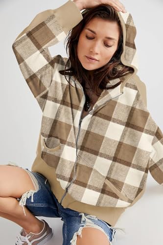 Image of Womens Fashion Zip Up Hoodies Oversized Waffle Knit Jacket Shirts Long Sleeve Solid Shacket Blouse with Pockets
