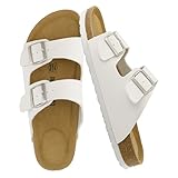 CUSHIONAIRE Lane Cork Footbed Mens Sandals, Adjustable Buckle Comfort Slides for Men, Genuine Leather Insole Summer Sandals Men Footwear, WHITE 11