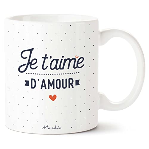 Manahia - Mug Je T'aime D'amour | Imprimé en France | Avec boite en kraft prêt à offrir | Tasse Cadeau de Saint Valentin homme & femme