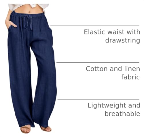 Image of CHARTOU Women's Summer Drawstring Waist Wide Leg Loose Cotton Linen Palazzo Pants