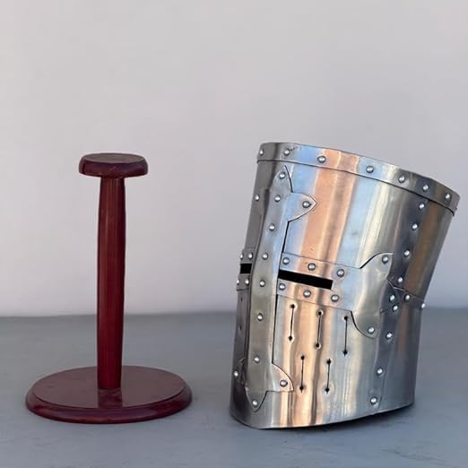 Medieval Templar Knight Steel Crusader Helmet-Knight Helmet Medieval Helmet Cosplay Costume LARP Reenactment Great Helmet with Woooden Stand