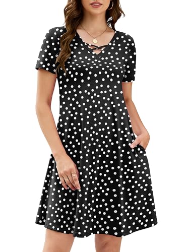 Image of KORSIS Women's Dresses Summer Casual T-Shirt Short Sleeve Criss Cross V Neck Swing Beach Vacation Sundress Dress with Pockets
