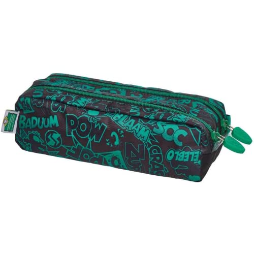 Estojo Escolar Triplo, Verde e Preto, Tema Cebolinha Sr. Celeblo, Múltiplos Compartimentos com Zíper