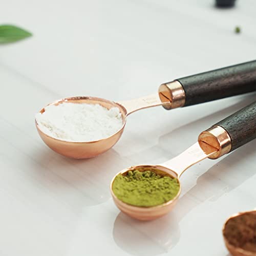 Image of Stainless Steel Measuring Spoons Set of 4. with Copper Finish and Wooden Handles for Baking and Cooking, Accurate Kitchen Measuring Set