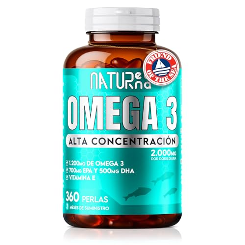 NATURENEA® Omega 3 capsulas 2000mg de Aceite de Pescado Salvaje FOS Sin GMO | 360 Perlas de Alta Concentración | 1200mg de Ácido Grasos Omega 3 epa y dha | Salud Cerebral, Visión, Corazón, Colesterol