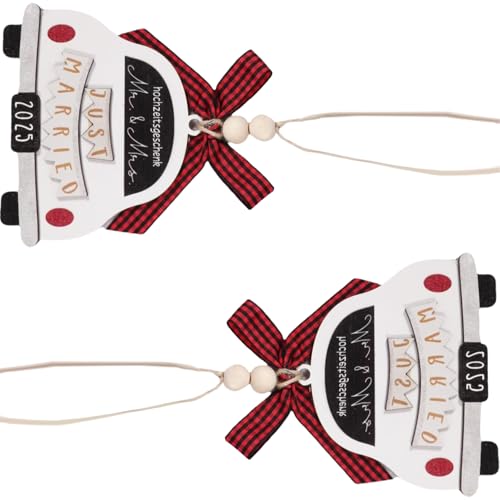 Greabuy Festliche Holz-Hochzeitspaar-Ornamente, 2-teiliges und Baumdekor-Set mit anpassbarer roter Schleife, Weihnachten, Hochzeit, Ornament