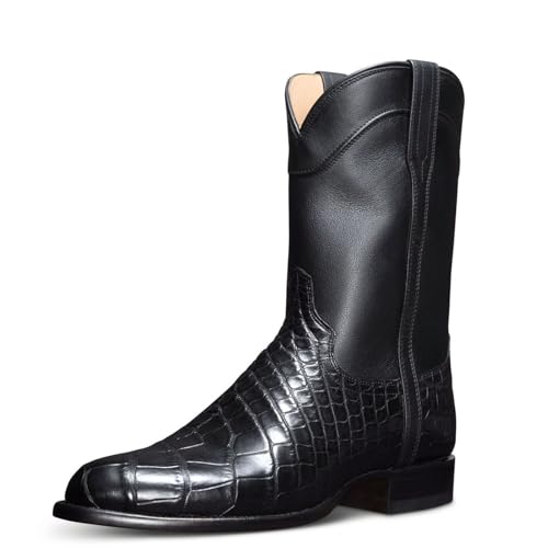 Stivali da Uomo Cowboy Alligator - Western Boot Cowboy Boots Uomo con Punta A Punta | Pull-On Boots| Ricamato | per Lavoro, Equitazione,Nero,39 EU