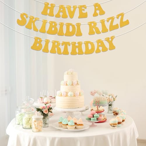 Have a Skibidi Rizz Birthday Banner Happy Skibidi Birthday Banner Funny Zoomer Bday Decorations Gold Glitter by Yochamc - Used condition - Image 4