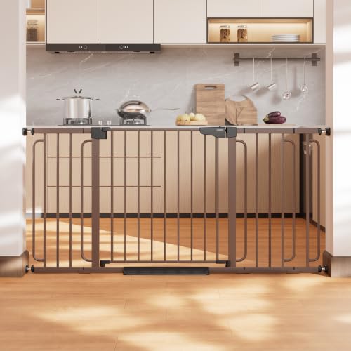 Cumbor 36.6-64 Extra Wide Baby Gate for Stairs Dog Gates for Doorways Auto-Close Pet Gate Indoor Pressure Mounted Walk Through Safety Child Gate for Kids Toddler Tall Pet Puppy Fence Gate Brown