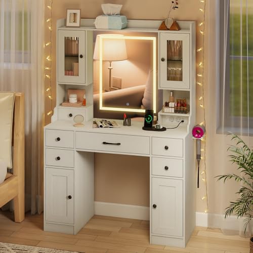 COSTWAY Coiffeuse avec Miroir et Lumières, 6 Tiroirs, 4 Armoires