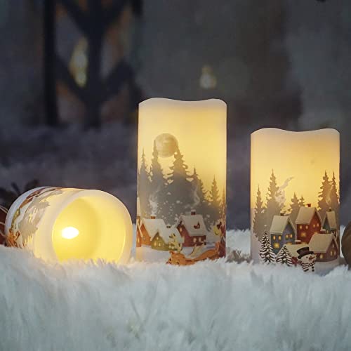 Image of CANDLE CHOICE Christmas Flameless Candles with Remote Timer Real Wax Realistic Flickering Battery Operated Electric LED Pillars with Decals Santa Claus Reindeer Snowman Xmas Tree Decorations 3 Pack